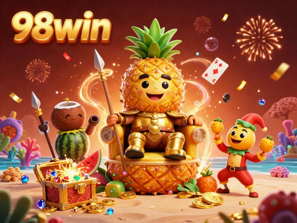 Engage with exhilarating gaming action at 98win, featuring a vibrant beach casino scene.