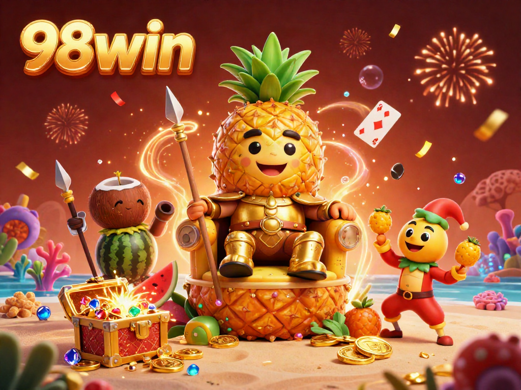 Engage with exhilarating gaming action at 98win, featuring a vibrant beach casino scene.