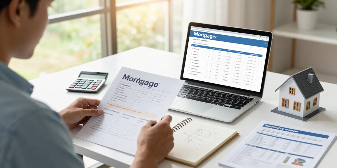 Comparador hipotecas scene with individual using mortgage calculator at desk.