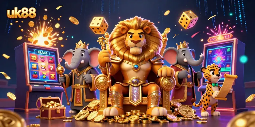 Experience the thrills at uk88 with a cartoon lion king and vibrant casino elements in a dazzling scene.