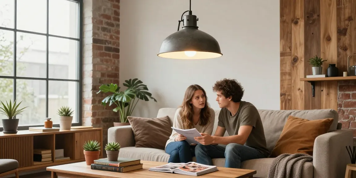 Sala de estar con estilo y una lámpara industrial vintage creando una atmósfera acogedora.