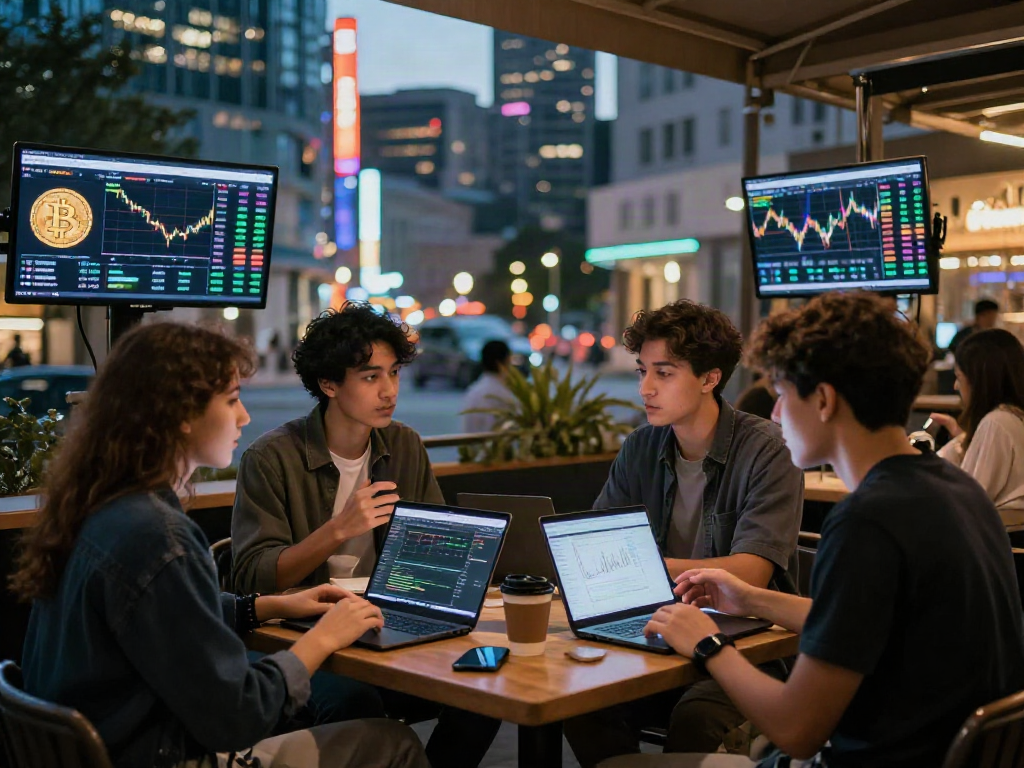 Compra de bitcoin en un ambiente urbano moderno con jóvenes analizando tendencias de criptomonedas.