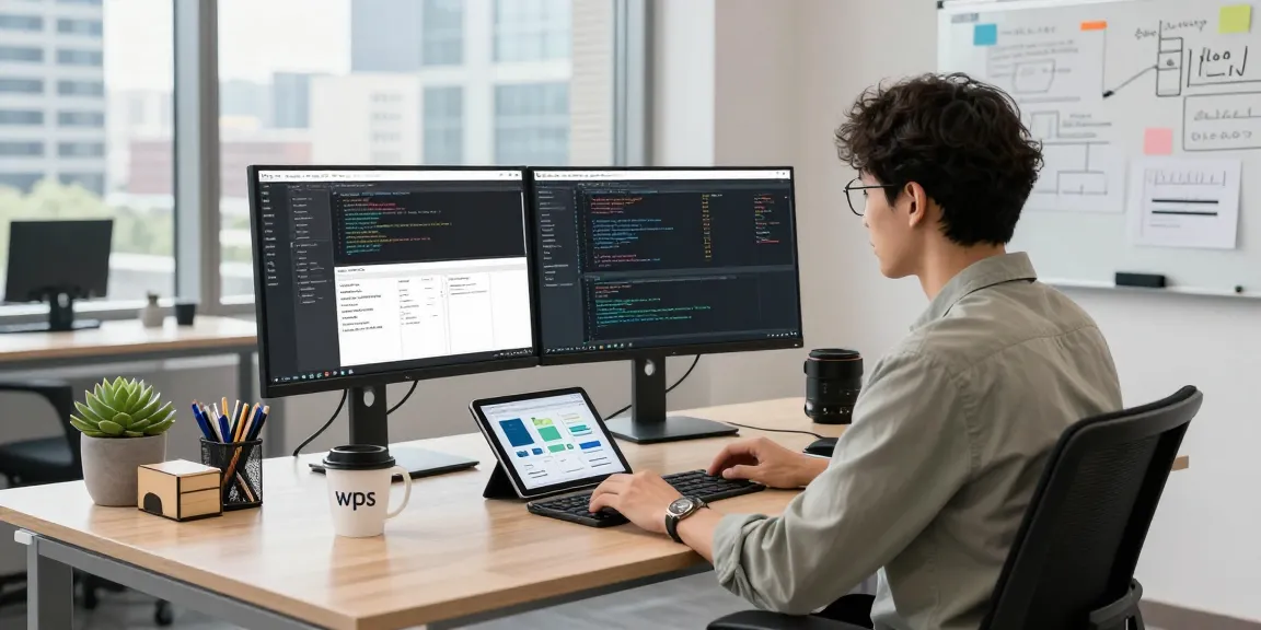 Workspace with developer coding on dual monitors, WPS Official Website branding visible, showcasing a tech environment.