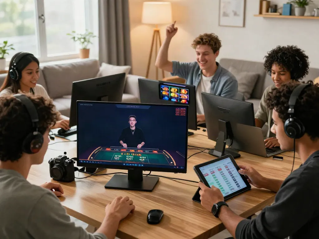 Online gaming excitement at KU88 with players enjoying live casino and slot games in a vibrant home setting.