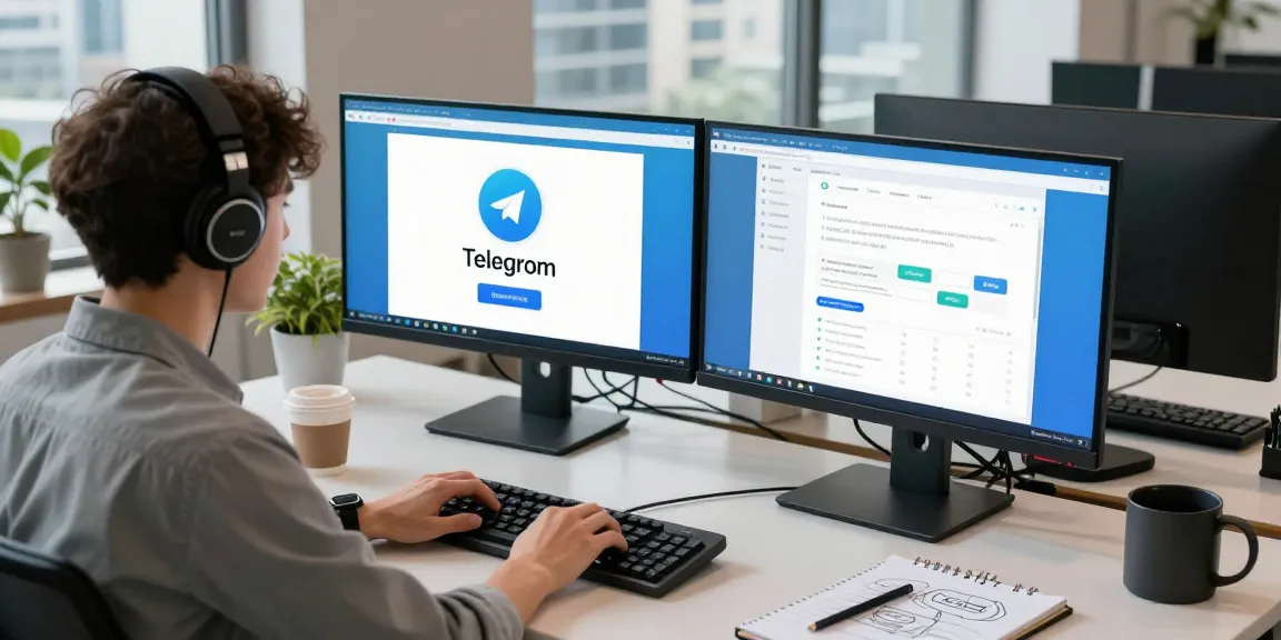 Young developer using Telegram网页版 in a modern tech workspace, showcasing productivity.