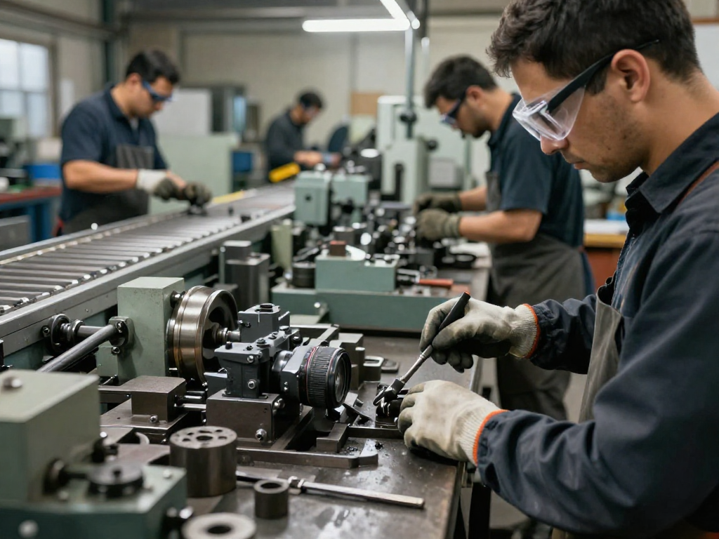 Trabajadores utilizando 10010 juegos de herramientas en un taller industrial, mostrando precisión y dedicación.
