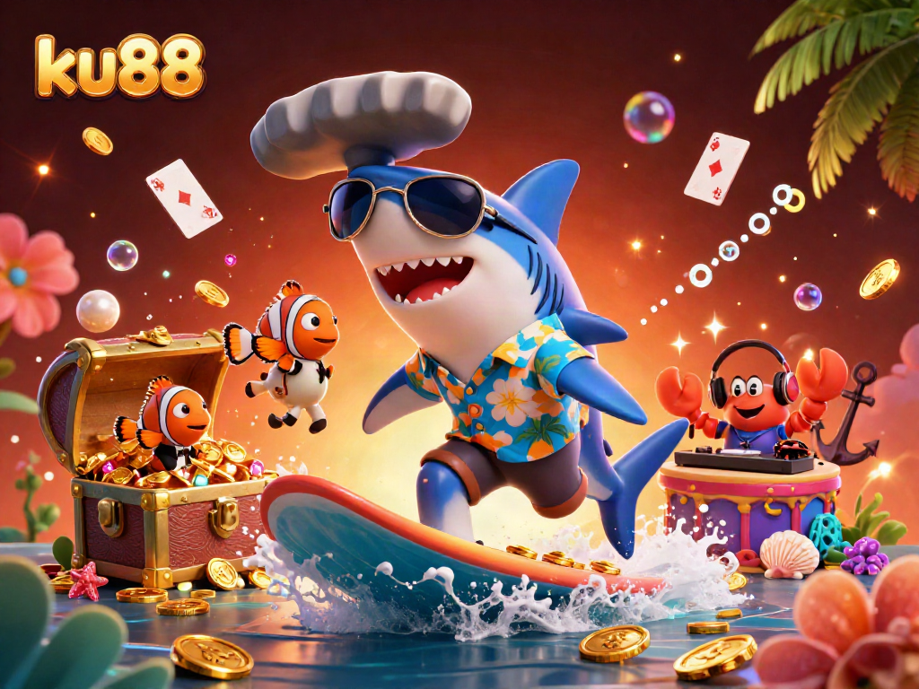 ku88 casino scene with a hammer-head shark and clownfish amid gold coins and vibrant games.