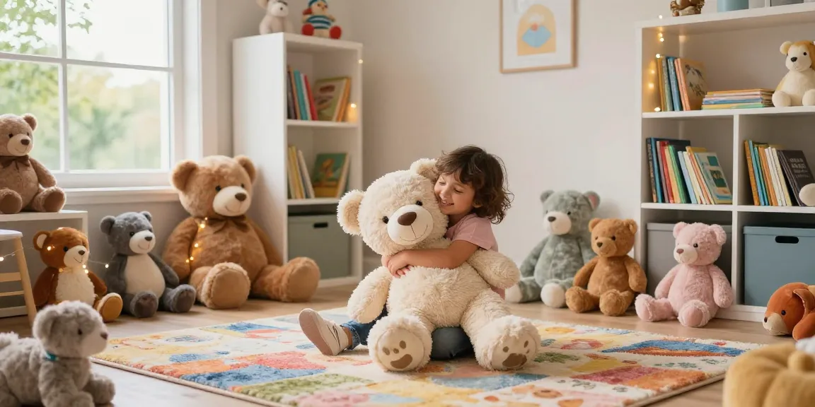 Un niño abrazando un peluche mientras juega en su habitación colorida, rodeado de otros peluches.