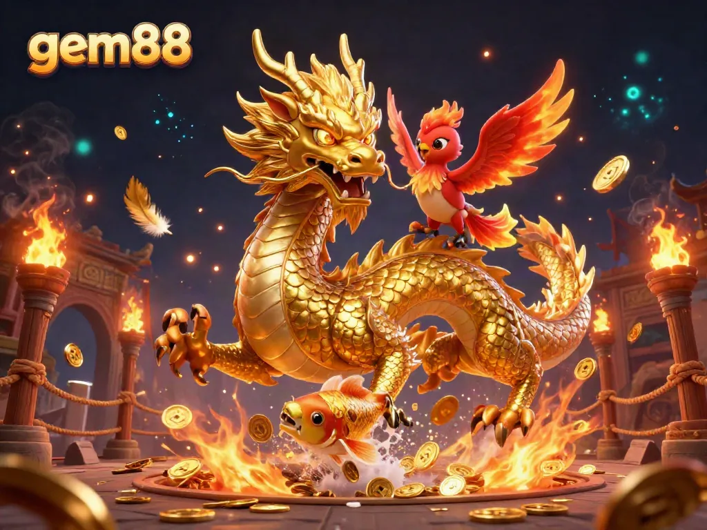 Experience the dynamic world of gem88 with golden dragon, phoenix, and koi fish amidst thrilling casino action.