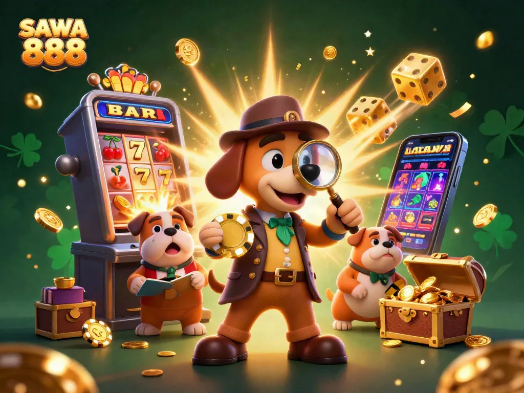 Engage in thrilling gameplay with SAWA 888 featuring a detective uncovering treasures in an exciting casino scene