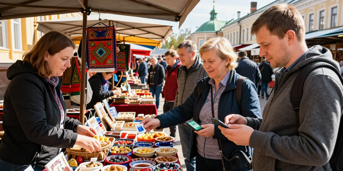 Viajeros utilizando https://payinrussia.com/ en un mercado ruso, interactuando con comerciantes locales.