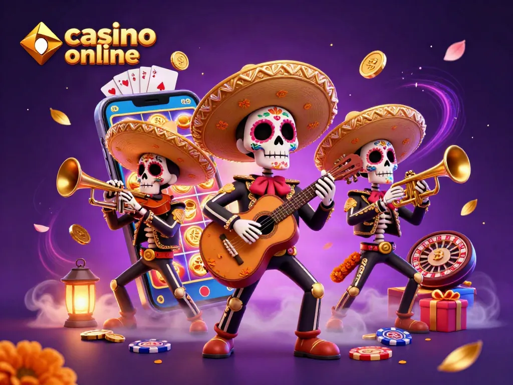 Disfruta en un casino online con mariachis, tragamonedas y cartas en una animada escena 3D.