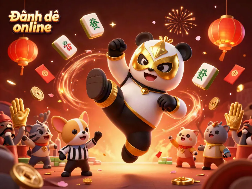 Engage in Đánh đề online with 3D cartoon characters featuring a wrestler panda and a referee in a vibrant casino illustration.
