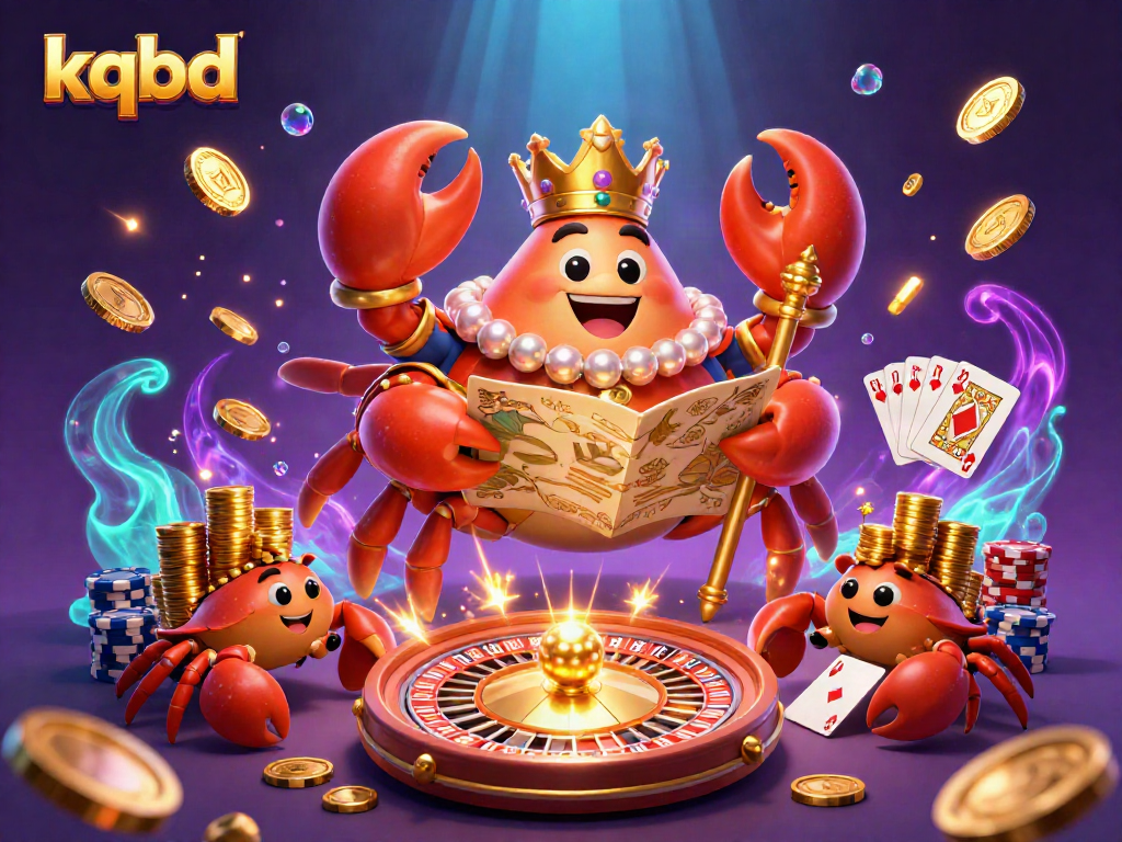 KQBD showcases a golden crab emperor with treasures, captivating gamblers with vibrant 3D casino elements.