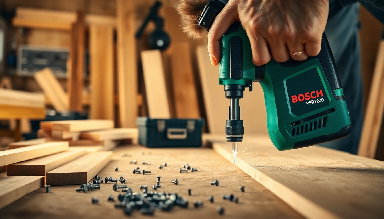 El Bosch PSR 1200 en acción: un artesano perforando madera con precisión.