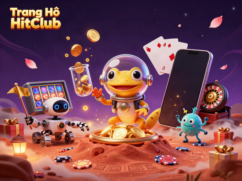 Experience the excitement of Trang Chủ HitClub with Martian gecko amidst a vibrant casino scene.