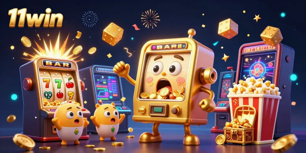 Experience the thrilling jackpot victory of 11win as golden coins pour from a slot machine, surrounded by cheering baby machines and dynamic casino elements.