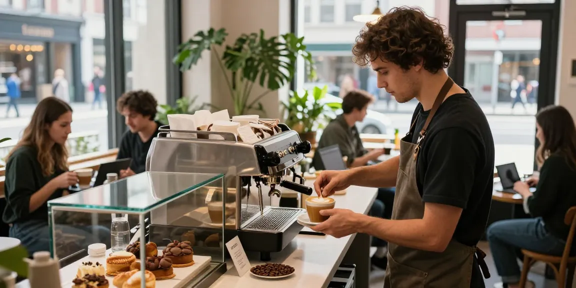 Barista showcasing rokok88 coffee art in a vibrant urban café setting, highlighting community and craftsmanship.
