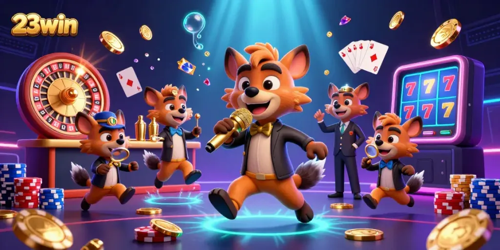 Experience the vibrant energy of 23win at a casino with animated hyenas and exciting game elements.