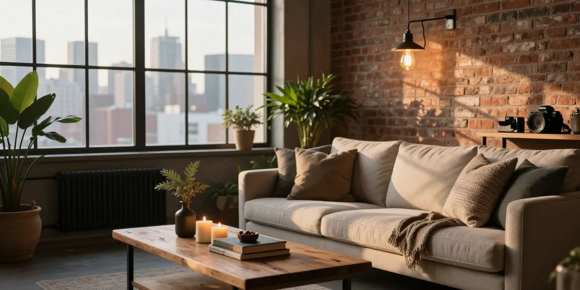 Bright lámpara industrial vintage illuminating modern industrial living room.