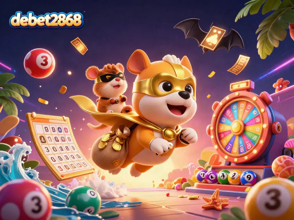 Experience the excitement of debet2868 with a thrilling casino scene featuring a superhero dog amidst colorful gaming elements.