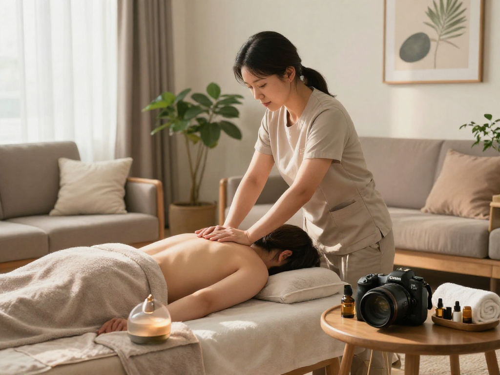 Professional 인천출장안마 service in a serene home environment with calming elements.