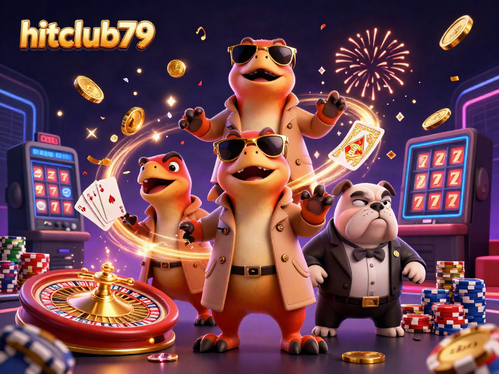 Experience hitclub79 with three animated raptors attempting to sneak into a VIP casino lounge, complete with vibrant casino elements.