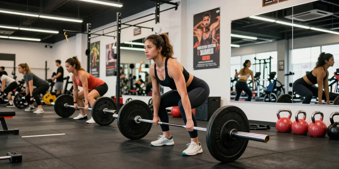 Esteroidesshop mujer levantando pesas en un gimnasio vibrante.