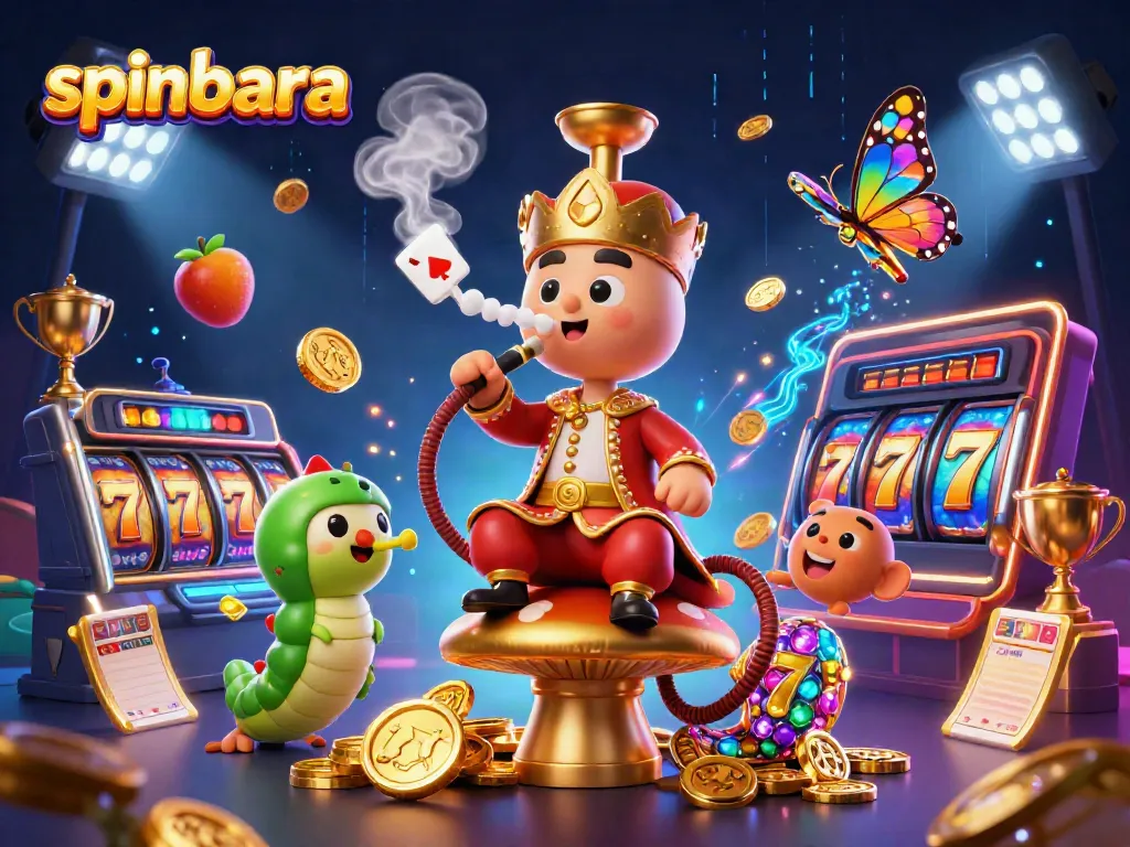Experience spinbara’s dynamic slots scene with a hookah-master character and vibrant game elements.