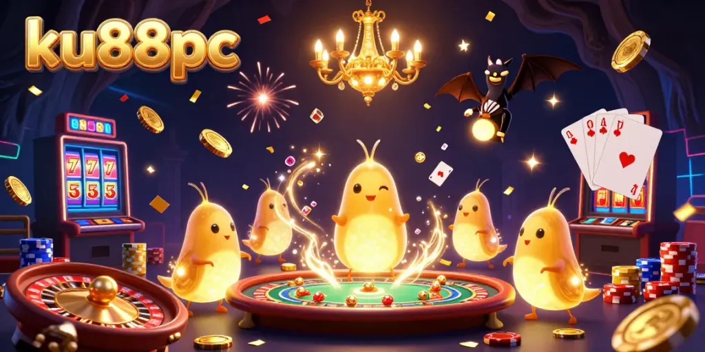 Experience the excitement of ku88pc with glowworms lighting up the cave casino and cascading coins.