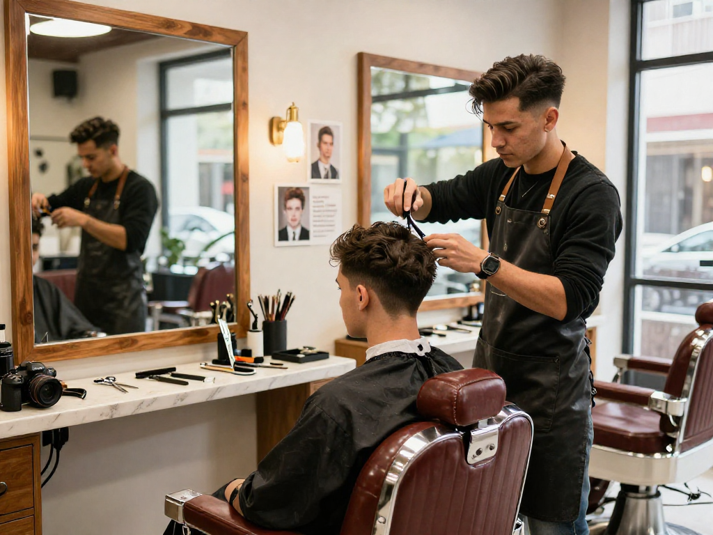 Stylish barber providing a haircut at rokok88 with modern decor and warm ambiance.
