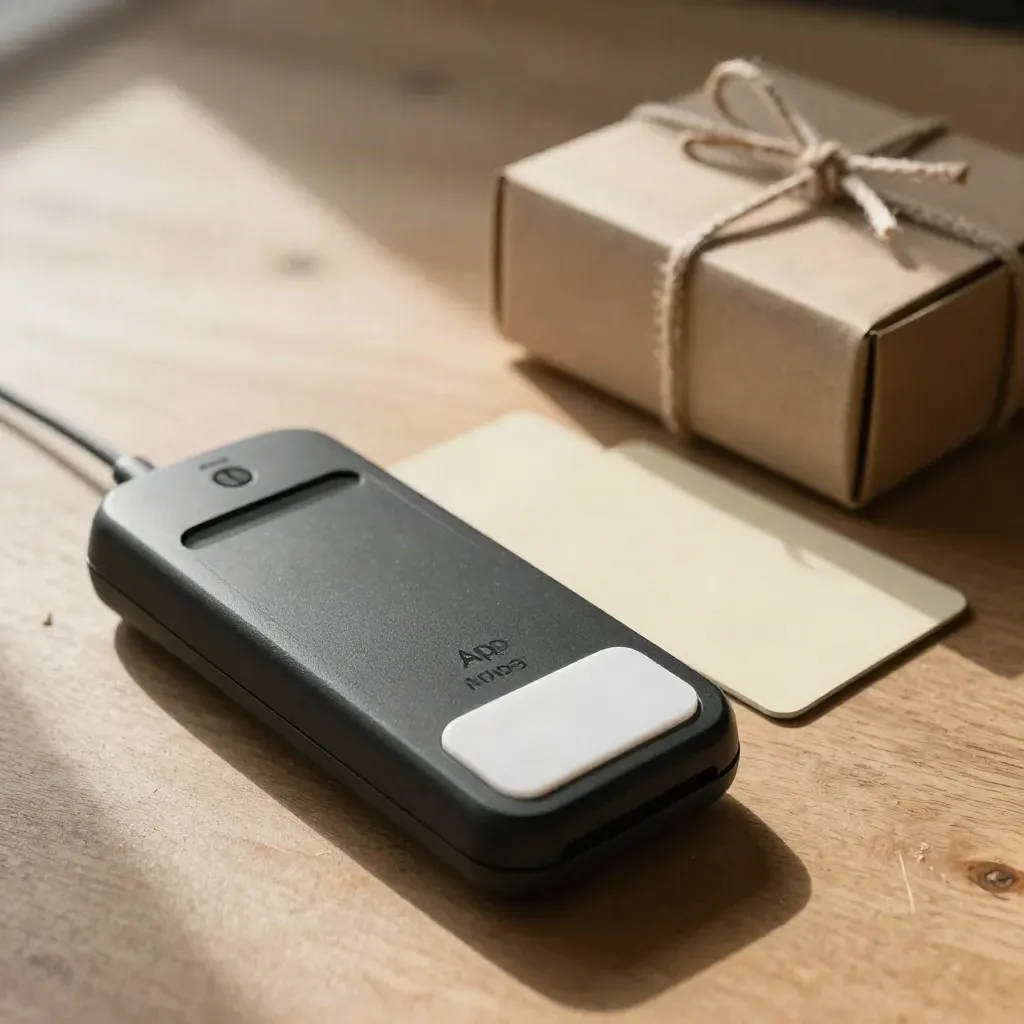Terminal NFC, dos tarjetas en blanco y una caja kraft sobre madera clara, luz cálida