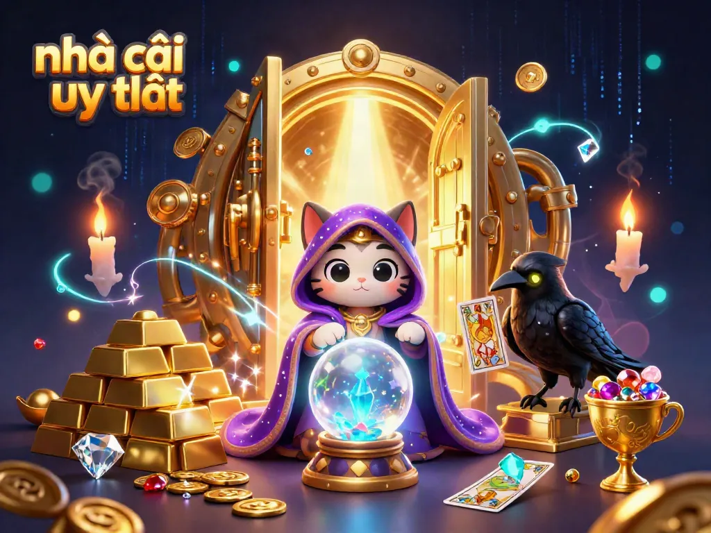Experience the magic of nhà cái uy tín with a captivating scene featuring a mystic cat, glowing raven, and riches of the casino world.