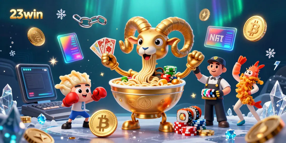 Experience thrilling gameplay with 23win as cartoon characters engage in casino action surrounded by crypto elements.