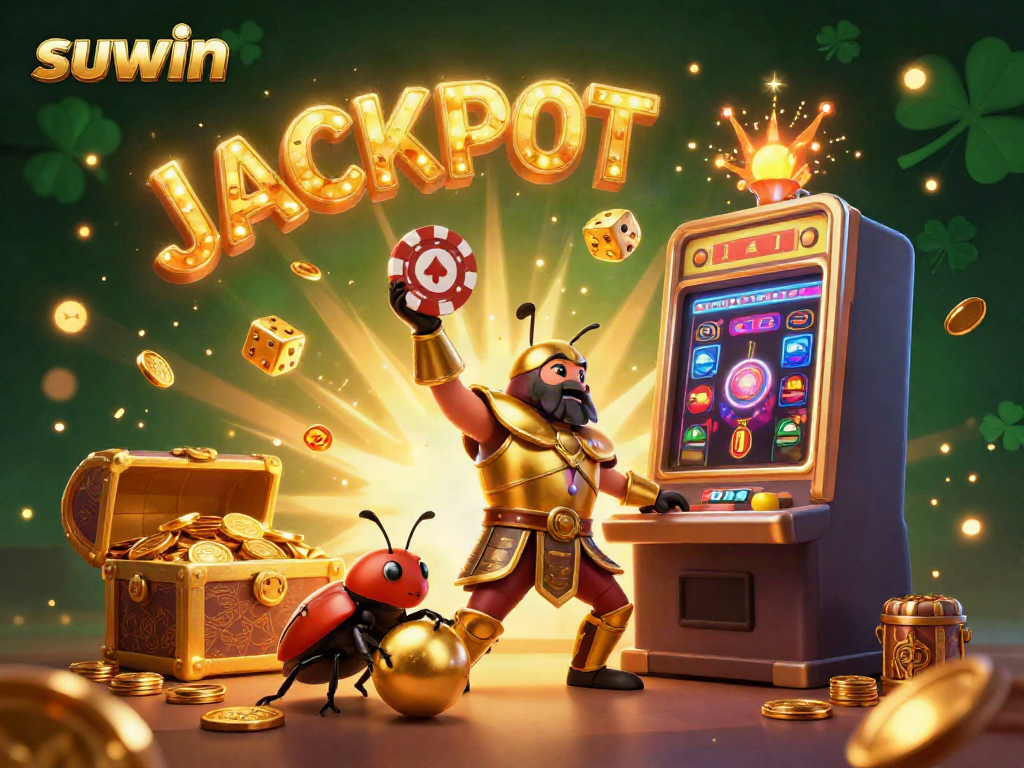 Suwin-themed 3D cartoon illustration of a beetle lifting a poker chip, embodying the excitement of jackpot wins.