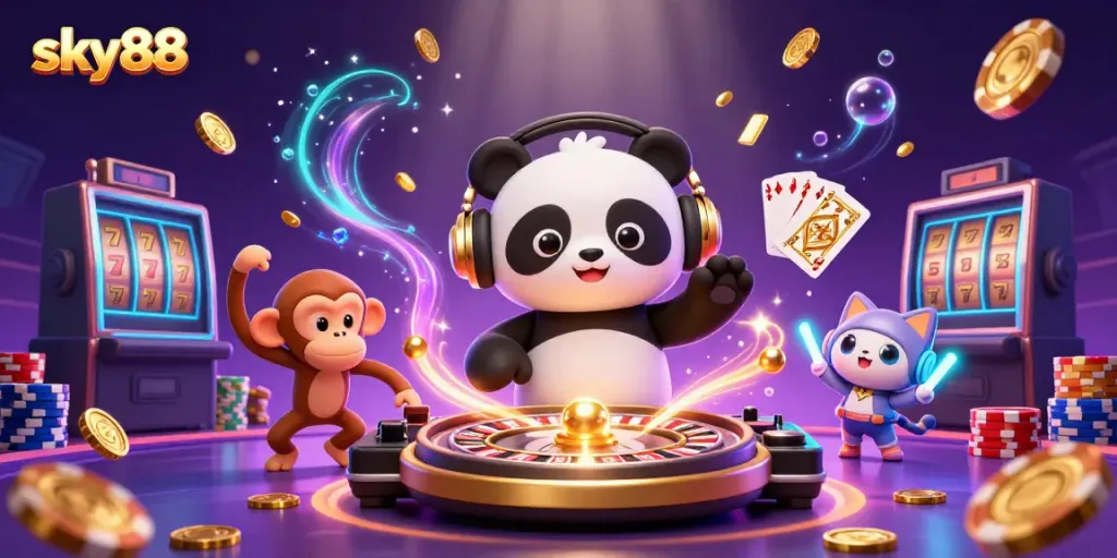 Sky88 gaming party scene with DJ panda and breakdancing monkey amidst vibrant casino elements.