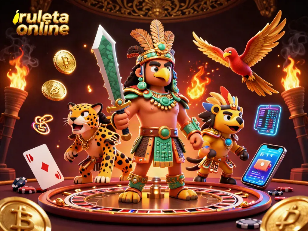Gira la ruleta online en una atractiva escena de un guerrero azteca y su jaguar, rodeados de elementos de casino.