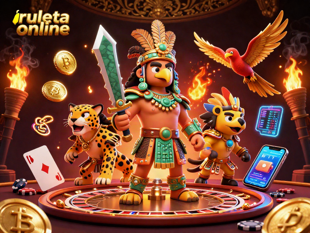Gira la ruleta online en una atractiva escena de un guerrero azteca y su jaguar, rodeados de elementos de casino.