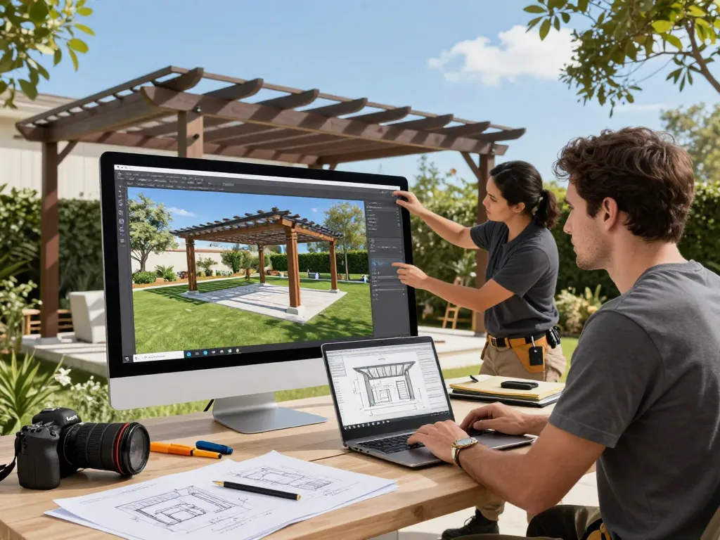 Escena dinámica de diseño al aire libre que muestra software para instaladores de pérgolas con un equipo colaborando en un modelo 3D.