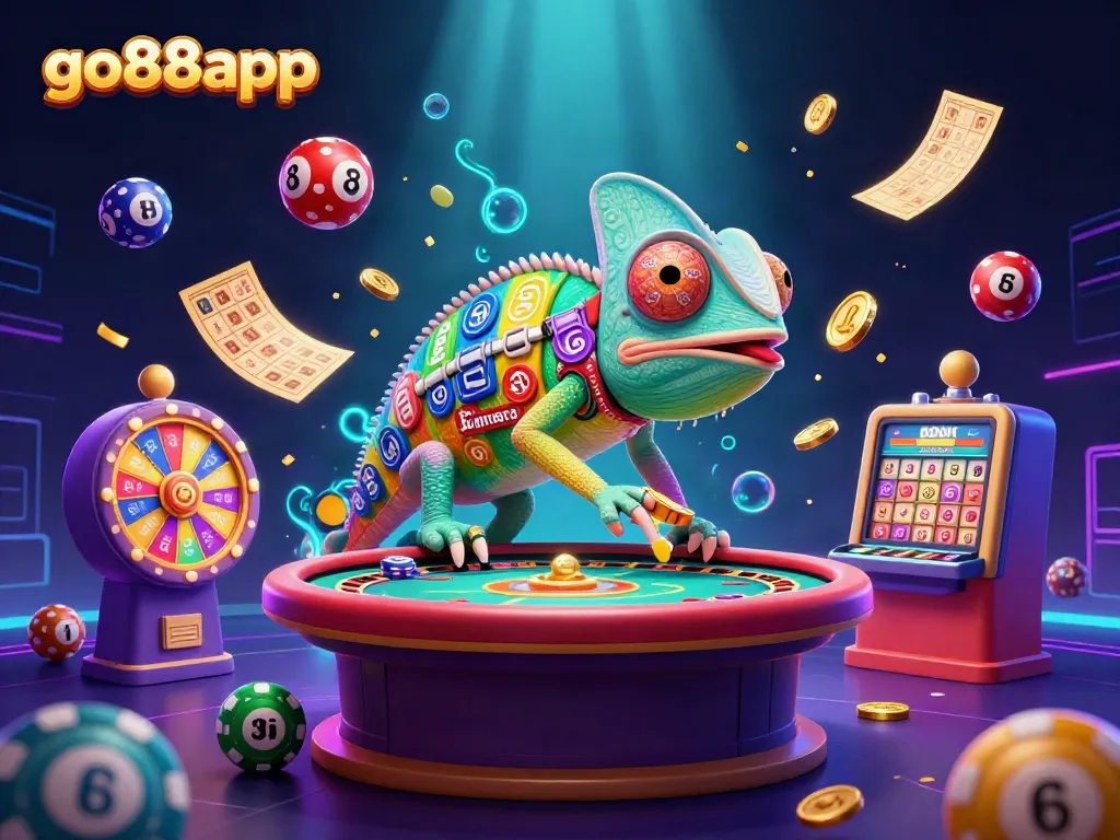 Experience the excitement of go88app casino with a dynamic 3D scene featuring a chameleon owner capturing golden coins.