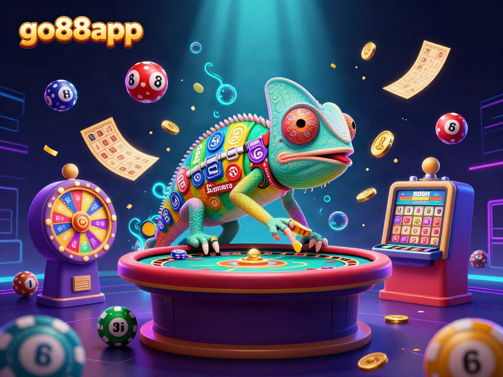 Experience the excitement of go88app casino with a dynamic 3D scene featuring a chameleon owner capturing golden coins.