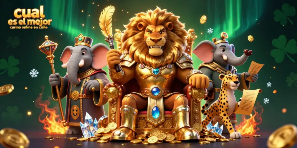 Explora cuál es el mejor casino online en Chile con nuestro rey león en un trono de monedas brillantes.