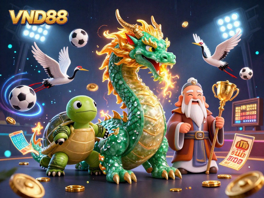 Experience winning moments at VND88 with a vibrant casino atmosphere featuring a jade dragon and lucky cranes.