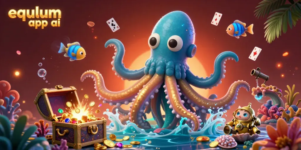 Engage with the equlum app ai using a colorful cartoon kraken and diving cat, showcasing dynamic casino elements.