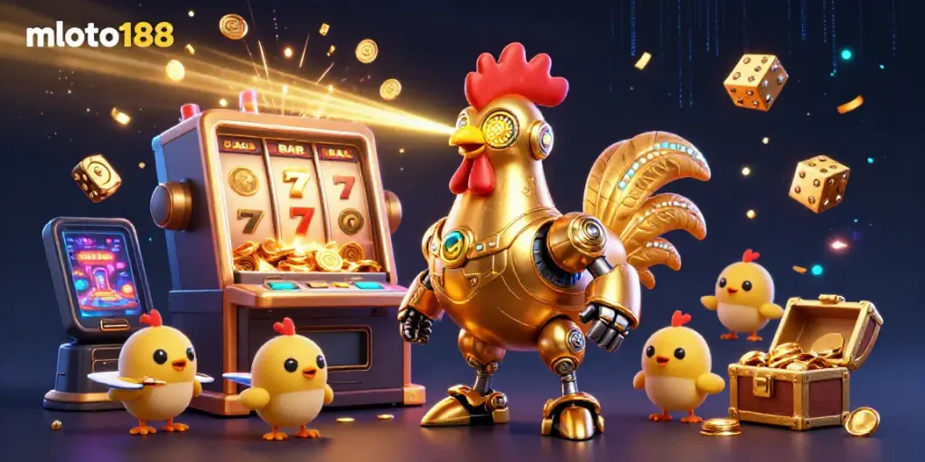 Experience thrilling gameplay at mloto188 with a vibrant scene featuring a golden rooster robot and baby chick drones in a dynamic casino environment.