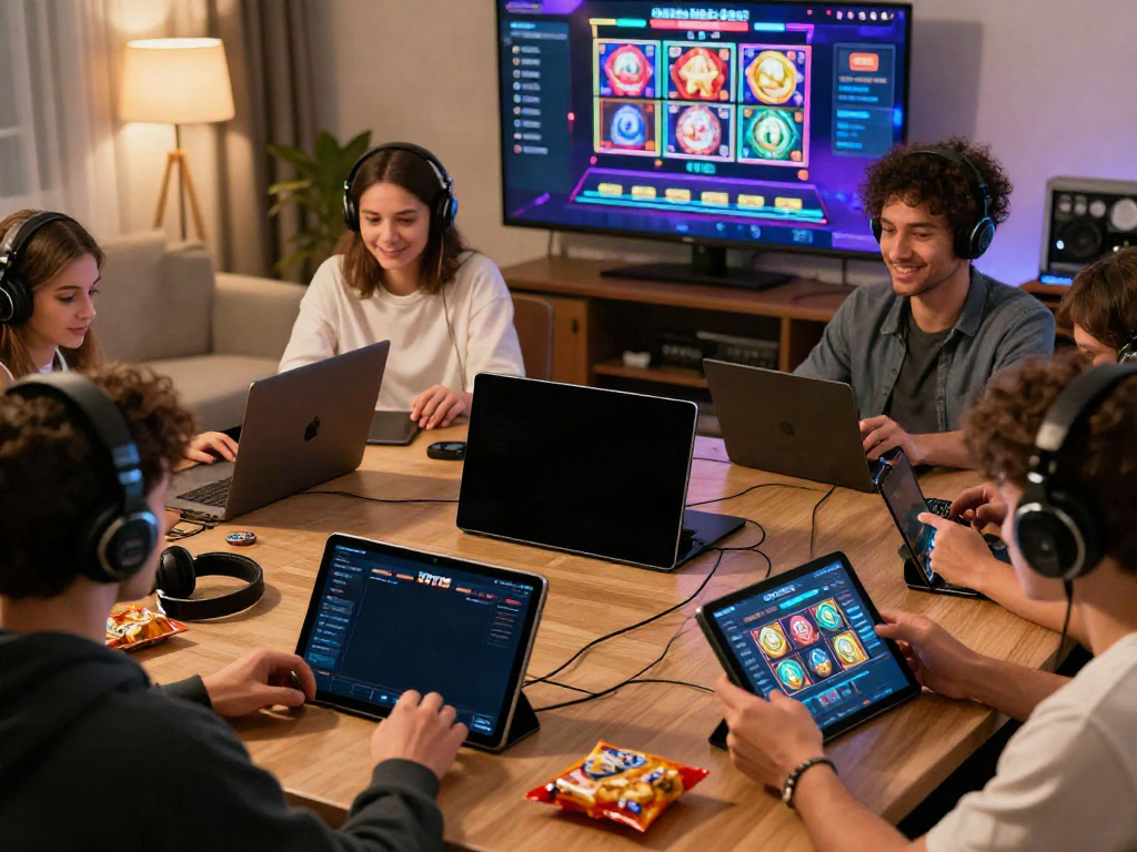 Engaging SKY88 online gaming scene with diverse players using smartphones and tablets in a cozy home setting.