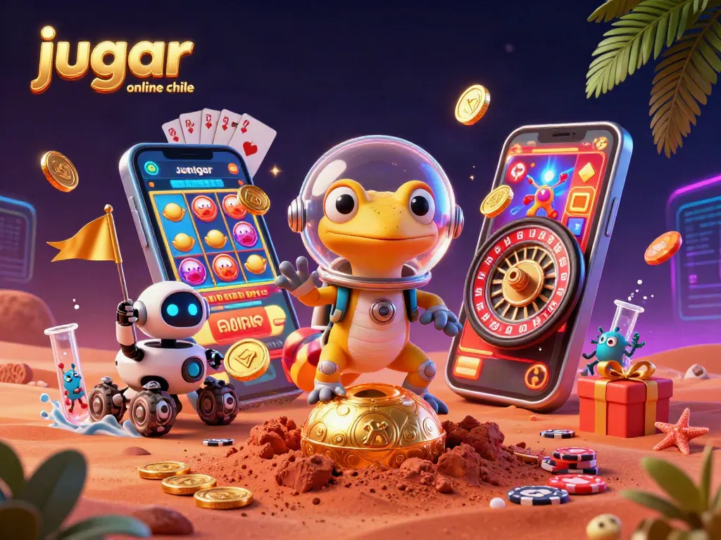 Jugar casino online Chile: divertido y dinámico, con nuestro gecko marciano explorando un casino de oro.