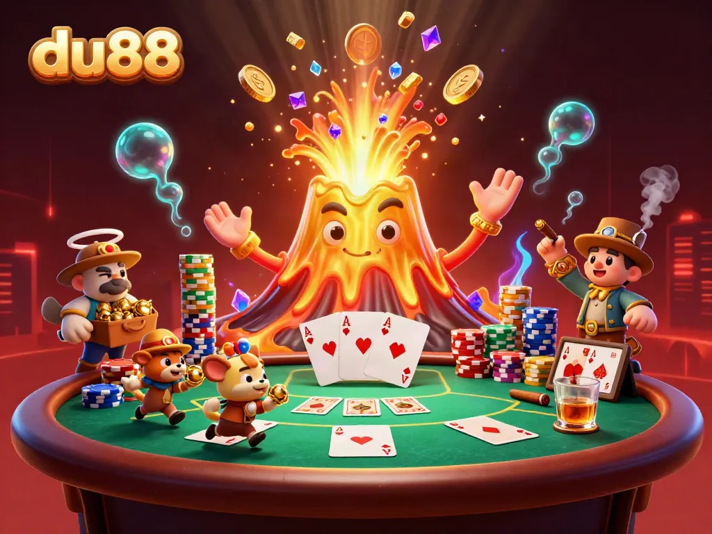 Experience fun at du88 with a golden volcano erupting coins and playful explorers in a vibrant casino atmosphere.