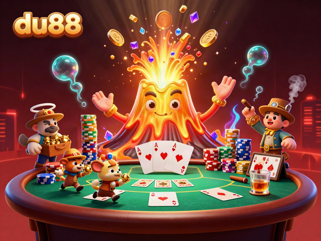 Experience fun at du88 with a golden volcano erupting coins and playful explorers in a vibrant casino atmosphere.