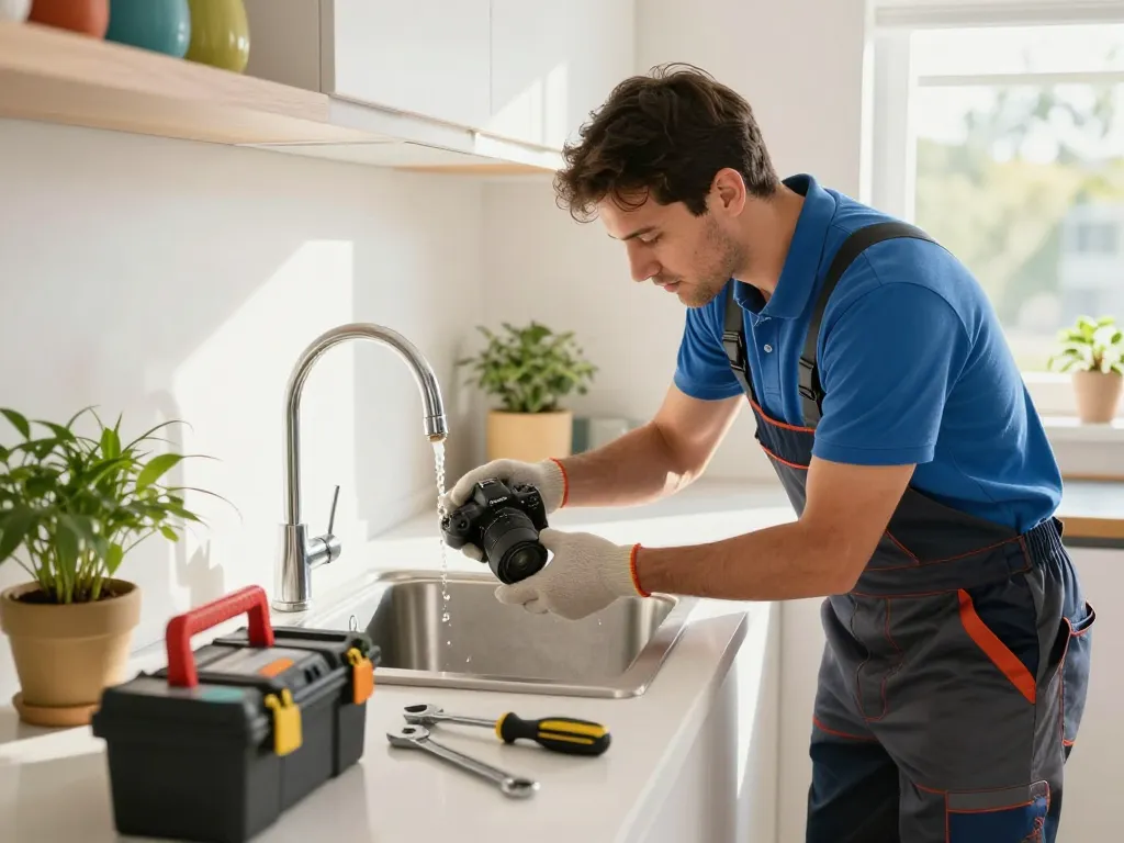 Servicios para el hogar confiables con un hombre de mantenimiento arreglando un fregadero en una cocina moderna y luminosa.